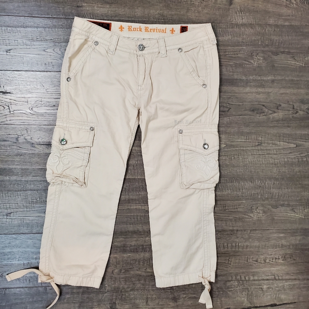 Rock Revival Beige Cargo Capris with Embroidered Pockets